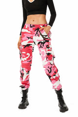 Sobrisah pink camo pants side pocket closeup highlights nine-pocket utility for everyday essentials.