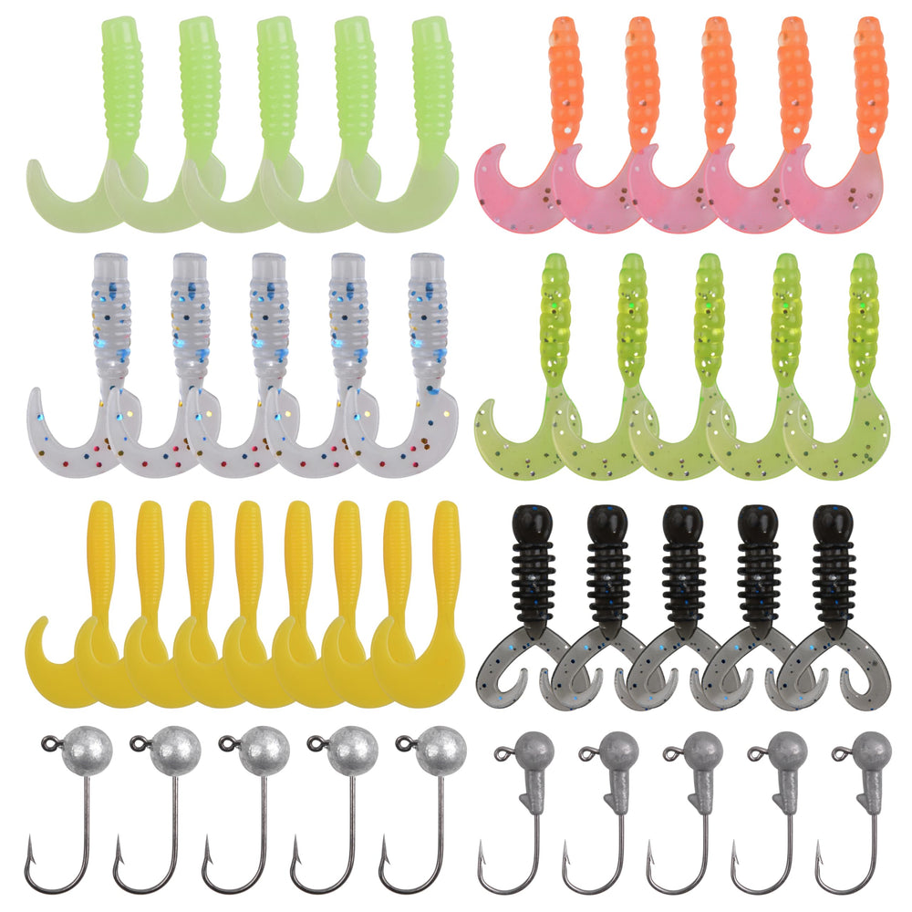 Soft Fishing Lures Kit – 38 grub lures and 5 jig head hooks, assortment