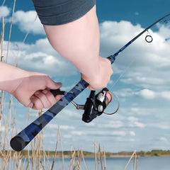 SoftShrink blue camo shrink tube on badminton grip enhances anti-slip traction