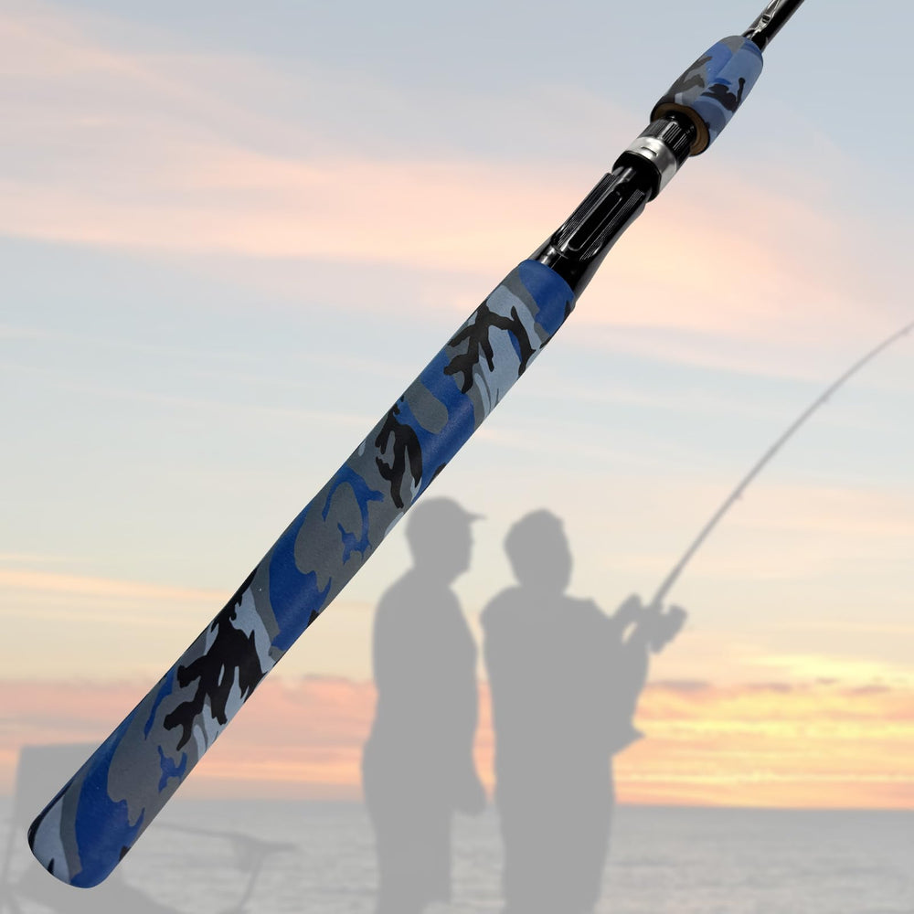 SoftShrink blue camo shrink tube on motorcycle handle improves grip and control