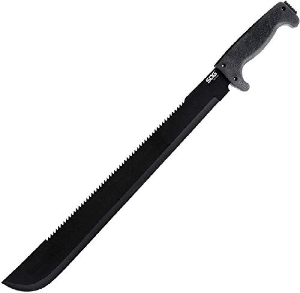 SOGfari 18-inch machete blade close-up for rugged trail work.