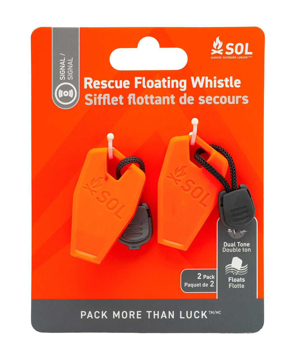 SOL Rescue Floating Whistle 2 Pack in bright orange, easy to locate and signal on water.