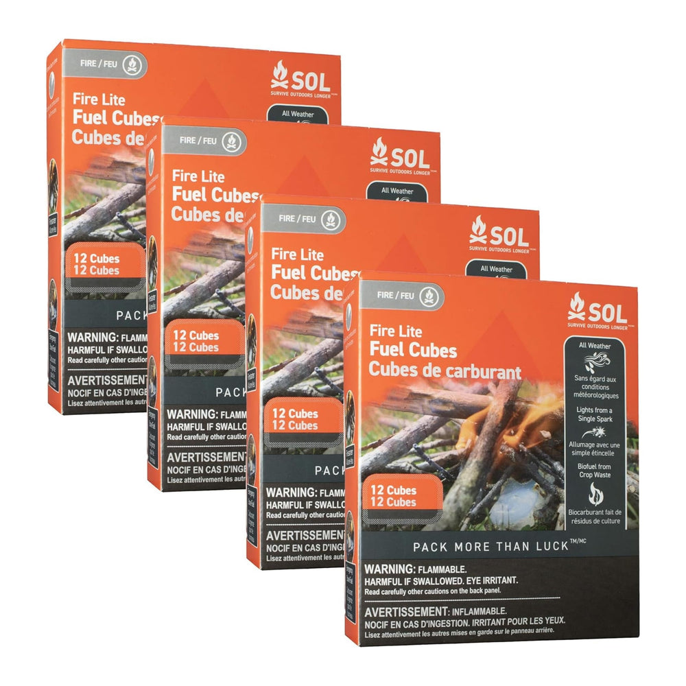 S.O.L. Survive Outdoors Longer fire cubes four-pack front view showing compact all-weather ignition option