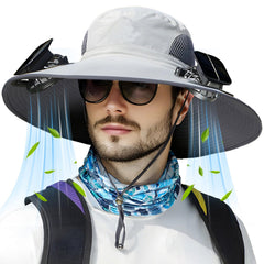 Light grey Solar Fan Hat with 5-inch wide brim and dual built-in solar fans