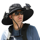 Solar Fan Hat front view with wide 5-inch brim in black