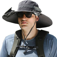 Solar Fan Hat with wide brim and solar powered fan on the front view