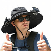 Front view of Solar Fan Hat with wide brim and solar-powered fan