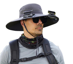 Front view of black solar hat with two mini fans on the brim