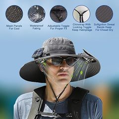 Side view of outdoor black hat with built-in solar fan