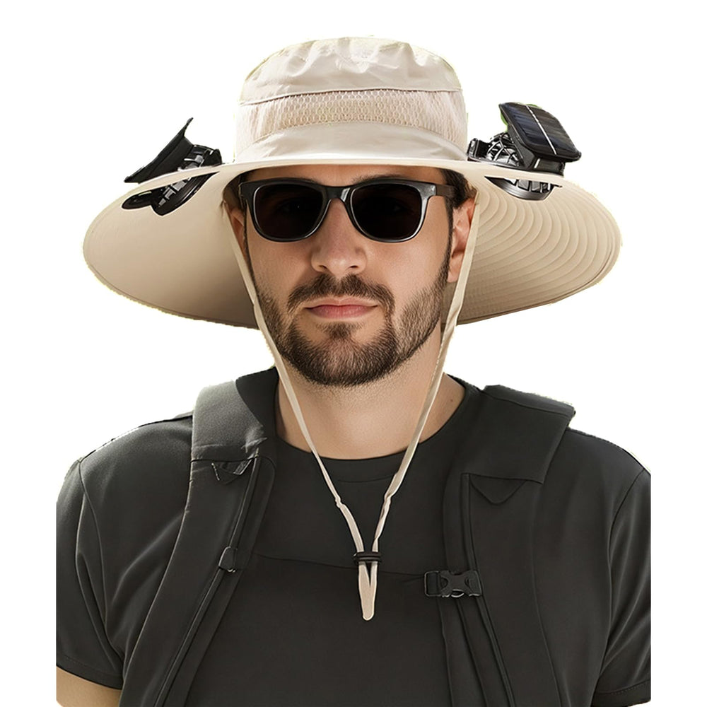 Khaki solar powered fan hat with wide brim and built-in solar panels, front view