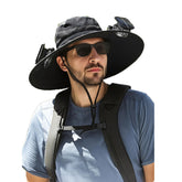 Black solar powered fan hat with wide brim from the front