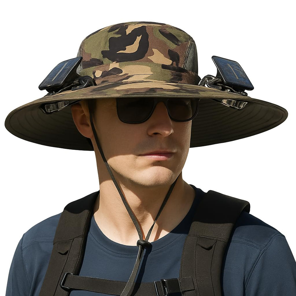 Solar powered cooling hat in woodland camouflage fabric showing UPF50+ protection