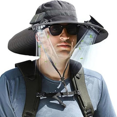 Front view of Solar Powered Fan Hat Grey with dual fans in brim