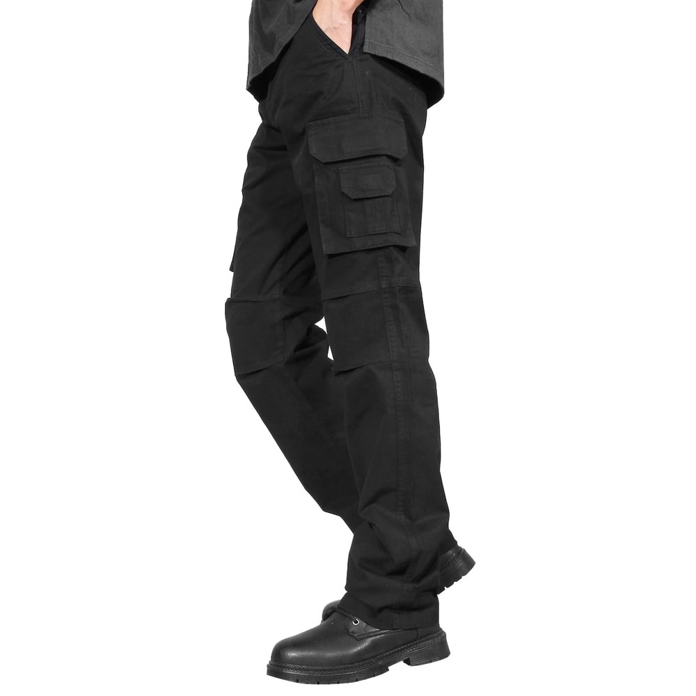 Soulsfeng men's black cargo pants front view showing versatile straight-stretch cotton design