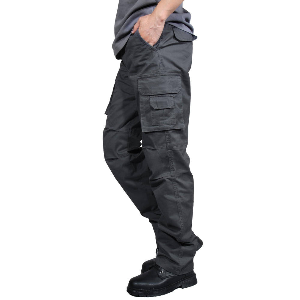 Soulsfeng mens grey cargo pants front view with multiple pockets for quick storage.