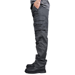 Soulsfeng mens grey cargo pants straight-fit side profile for streamlined silhouettes.