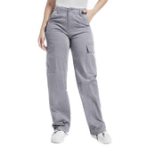 Soulsfeng women's cargo pants grey close-up pocket view shows six secure pockets for on-the-go essentials.