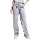Soulsfeng women's gray cargo pants side view relaxed fit for all-day comfort.