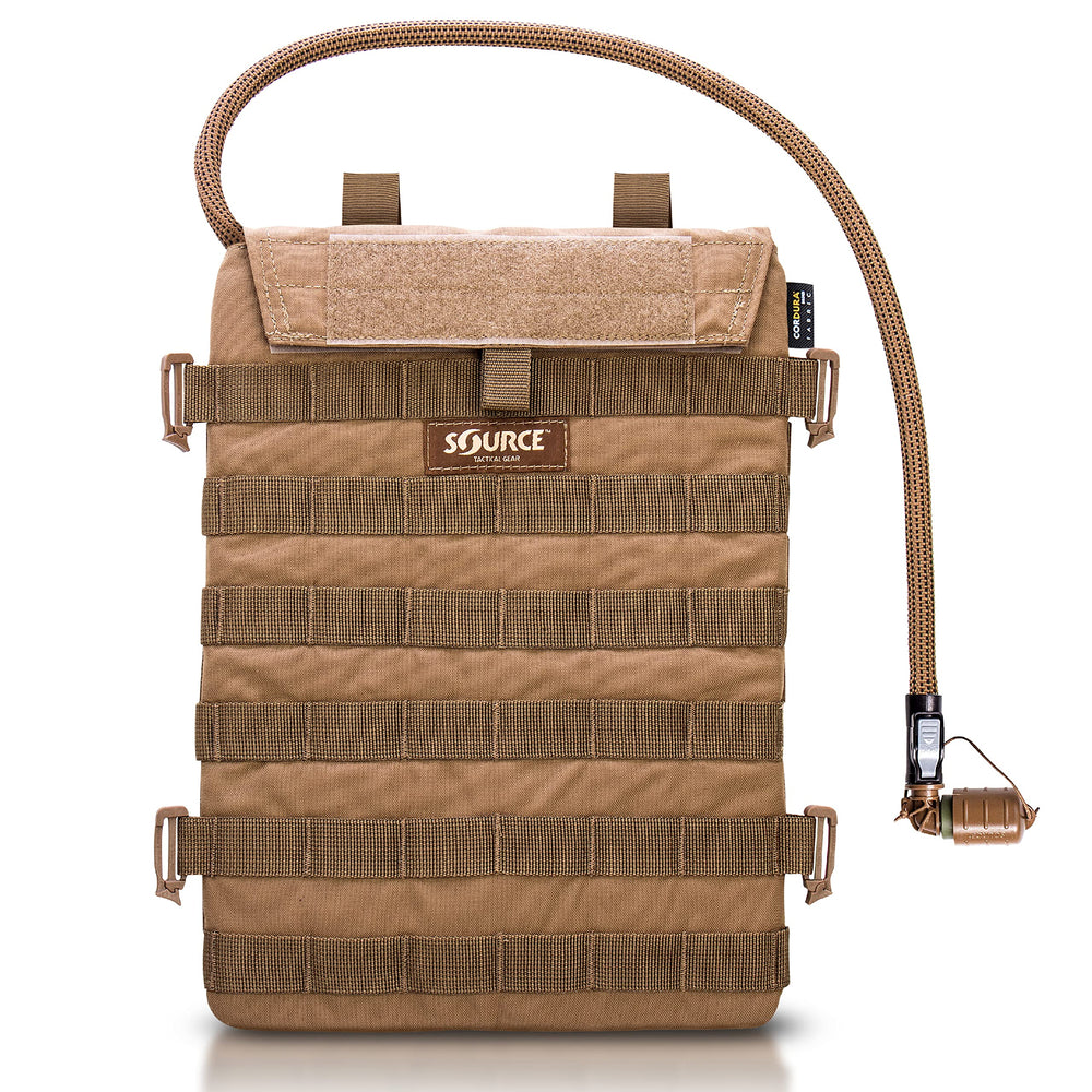 Source Razor low-profile hydration pack attached to MOLLE vest for discreet hydration