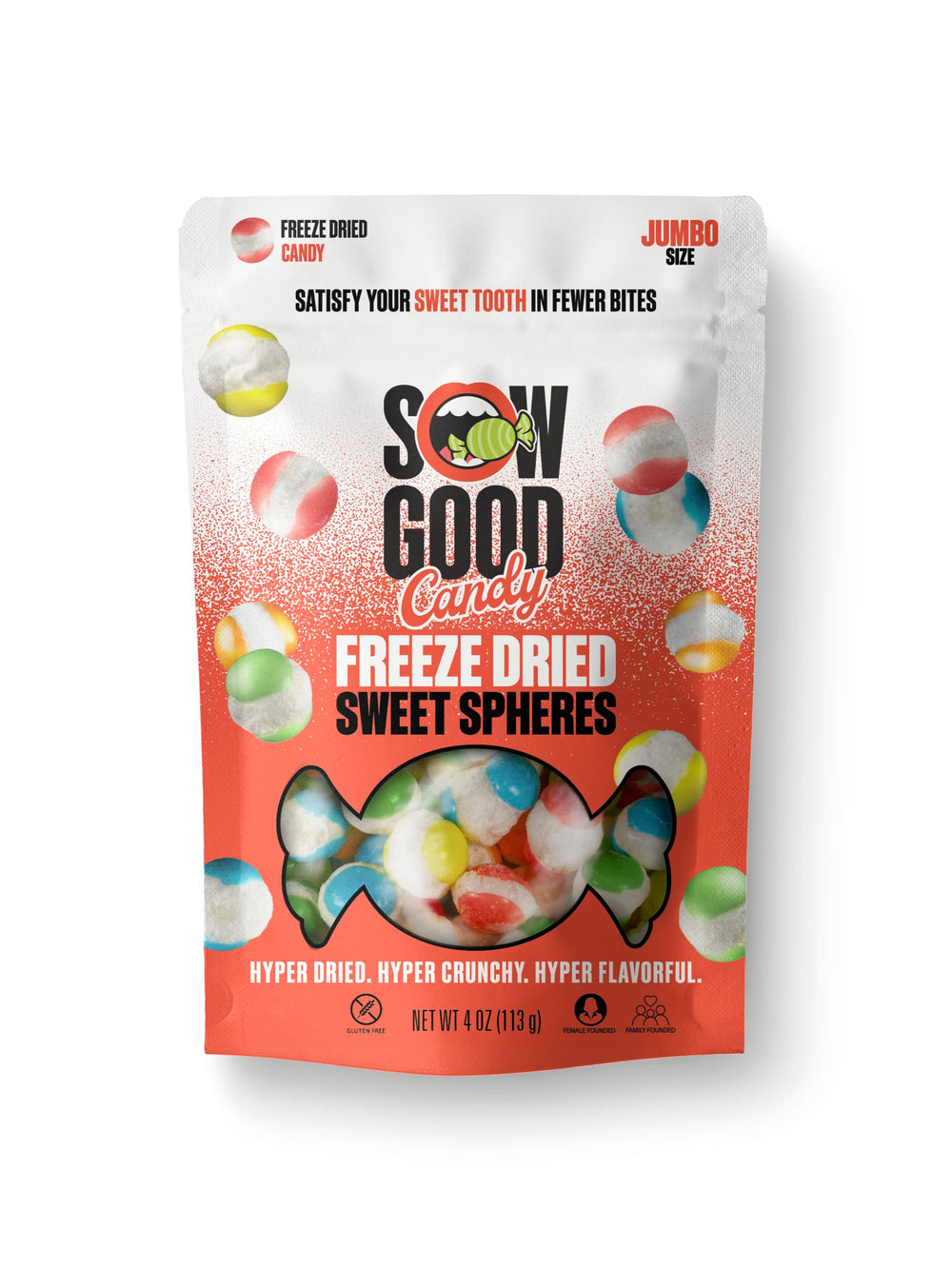 SOW GOOD Freeze Dried Sweet Spheres packaging for on-the-go snacking.