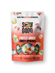 SOW GOOD Freeze Dried Sweet Spheres packaging for on-the-go snacking.