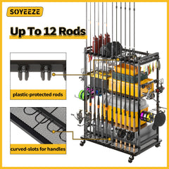 Back storage area showing 12-rod capacity and various rods