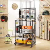 SOYEEZE 12-slot fishing rod holder mounted on pegboard for garage storage.