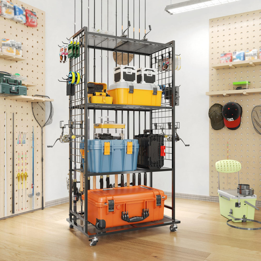 SOYEEZE 4-Tier Fishing Rod Rack for Garage - front view
