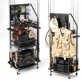SOYEEZE 3-tier fishing rod holder on garage pegboard - front view
