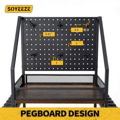 Two-sided pegboard with six custom hooks for lures, reels, and tools