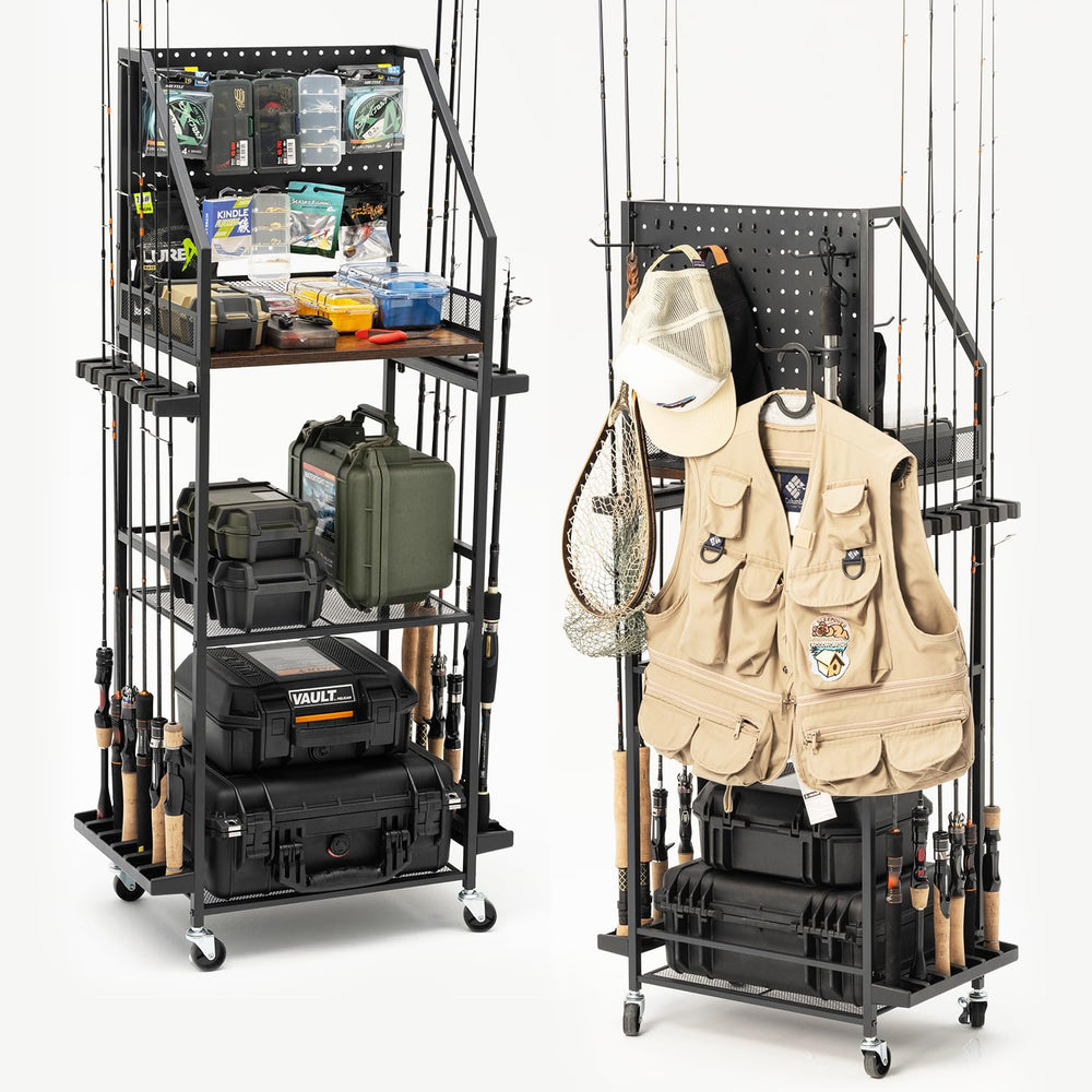 SOYEEZE fishing rod storage cart with pegboard and lockable wheels