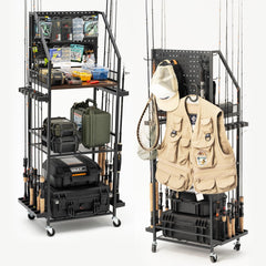 SOYEEZE fishing rod storage cart with pegboard and lockable wheels