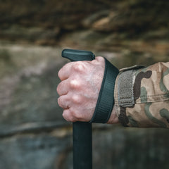 Spartan Javelin handle with padded wrist strap enhances security.