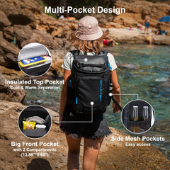 SPARTER backpack cooler on the move shows padded straps for comfortable hiking carry.