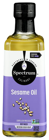 Spectrum Naturals refined sesame oil 16oz bottle front view, ideal for high-heat sauté.