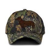 Speedy Pros camo baseball cap with dachshund embroidery for outdoors.