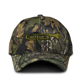 Speedy Pros camo hat front view with trumpet embroidery for outdoor style.