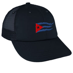 Speedy Pros Cuba flag flame embroidery on a navy hat, bold casual style and sun protection.