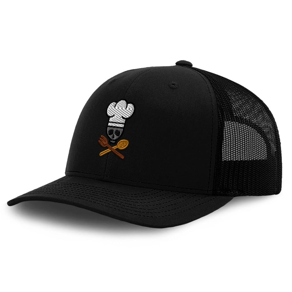 Speedy Pros custom trucker hat with skull embroidery for bold style and durability.