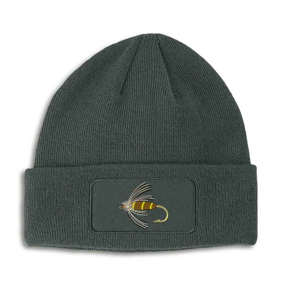 Speedy Pros patch beanie with fishing fly embroidery for outdoor anglers.