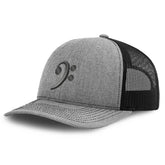 Speedy Pros Richardson Trucker Hat front view with bass clef embroidery.