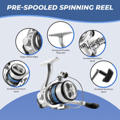Spinning reels with pre-loaded line for easy setup