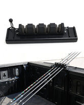 SPIRRELAB fishing rod holder mounted on a truck tailgate holding four rods with foam protection
