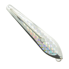 Close-up of 4 1/2-inch silver spoon lure for predatory offshore fish