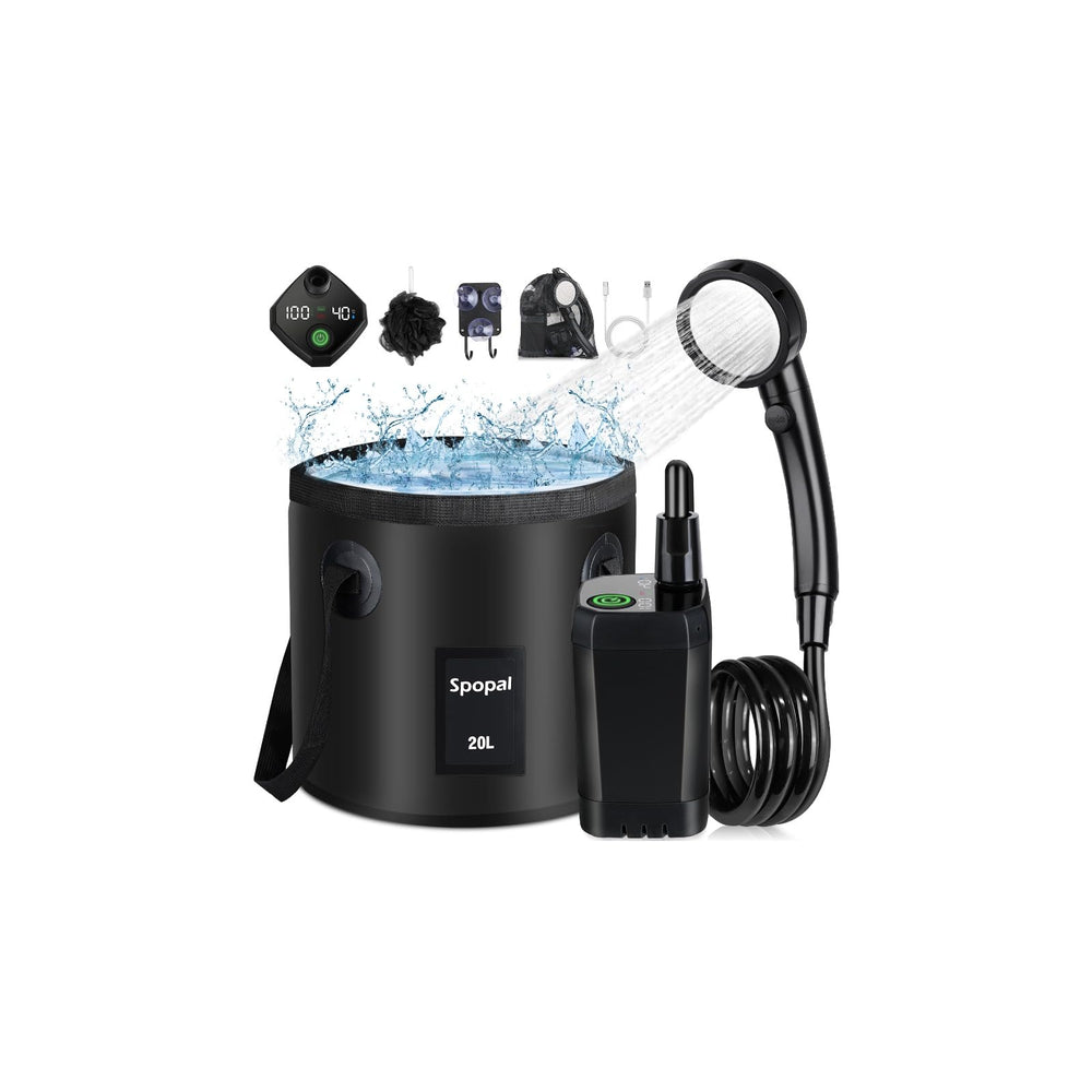 Spopal portable shower black setup demonstrates easy outdoor rinsing for camping trips