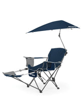 Sport-Brella reclining chair Midnight Blue in open view highlights customizable comfort for beach lounging.