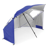 Sport-Brella Super-Brella blue sun shade at the beach provides strong UV protection