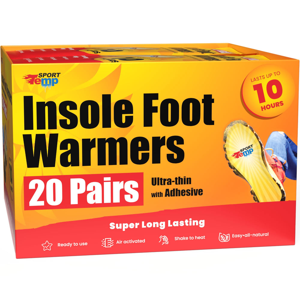 Sport Temp Insole Warmers pack shows 20-pair set for all-day warmth on outdoor adventures.