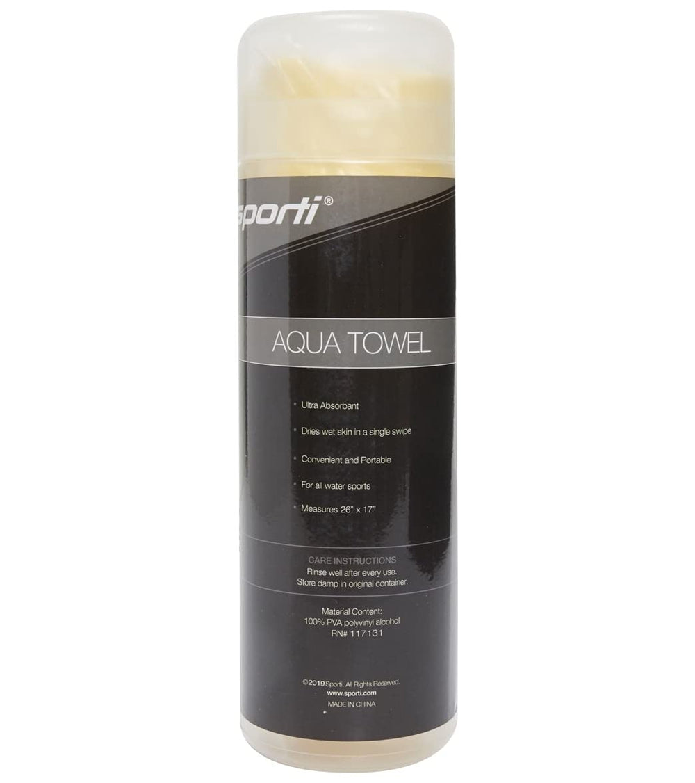 Sporti 26x17 chamois towel absorbs water quickly for post-swim drying.