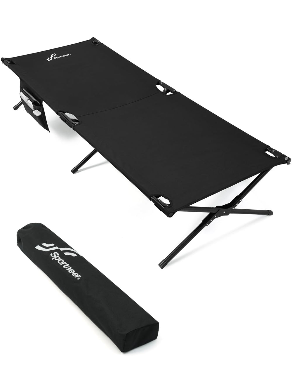 Sportneer camping cot shows spacious 78.3-inch sleeping area for adults, ideal for outdoor comfort.